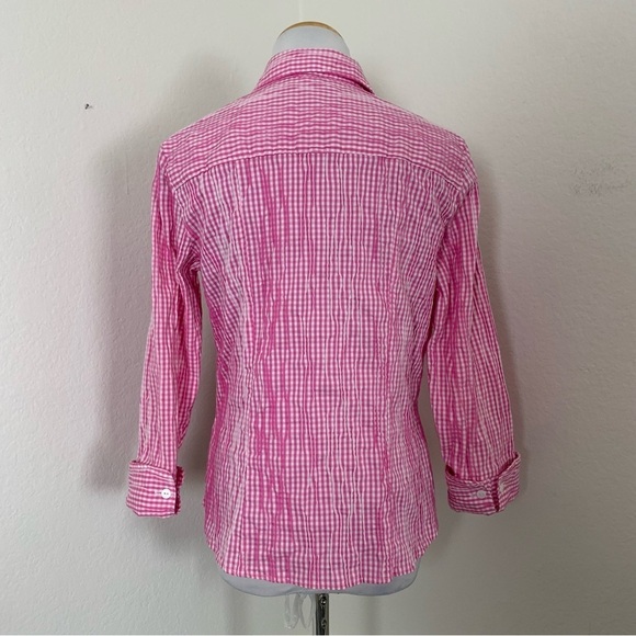 Foxcroft Fitted Gingham Pleated Crinkle Button Up Shirt Women’s 4 Pink Collared - Picture 8 of 16